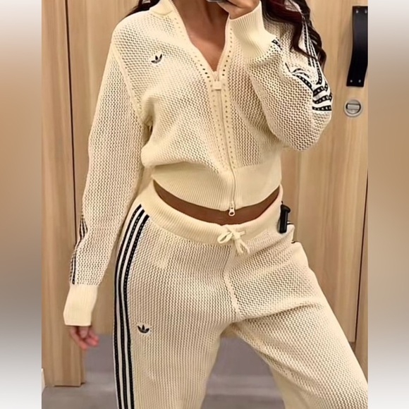 adidas Pants - adidas Cream crochet Track Pants with Black Stripes